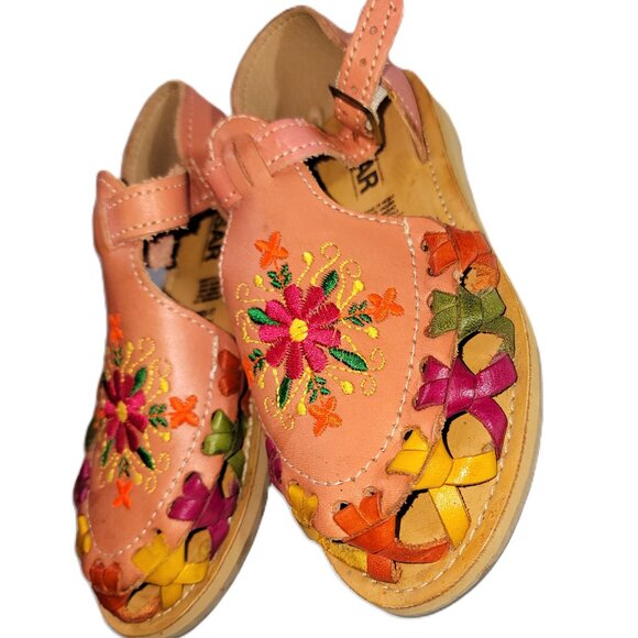 Huaraches Mexican Handmade Little Girls Embroidered Leather Sandals US 11 MX 17 - Picture 4 of 5